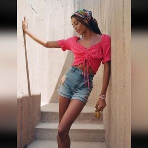 Anthropologie Pilcro Ruffle Puff Sleeve Shirt Large Hot Pink